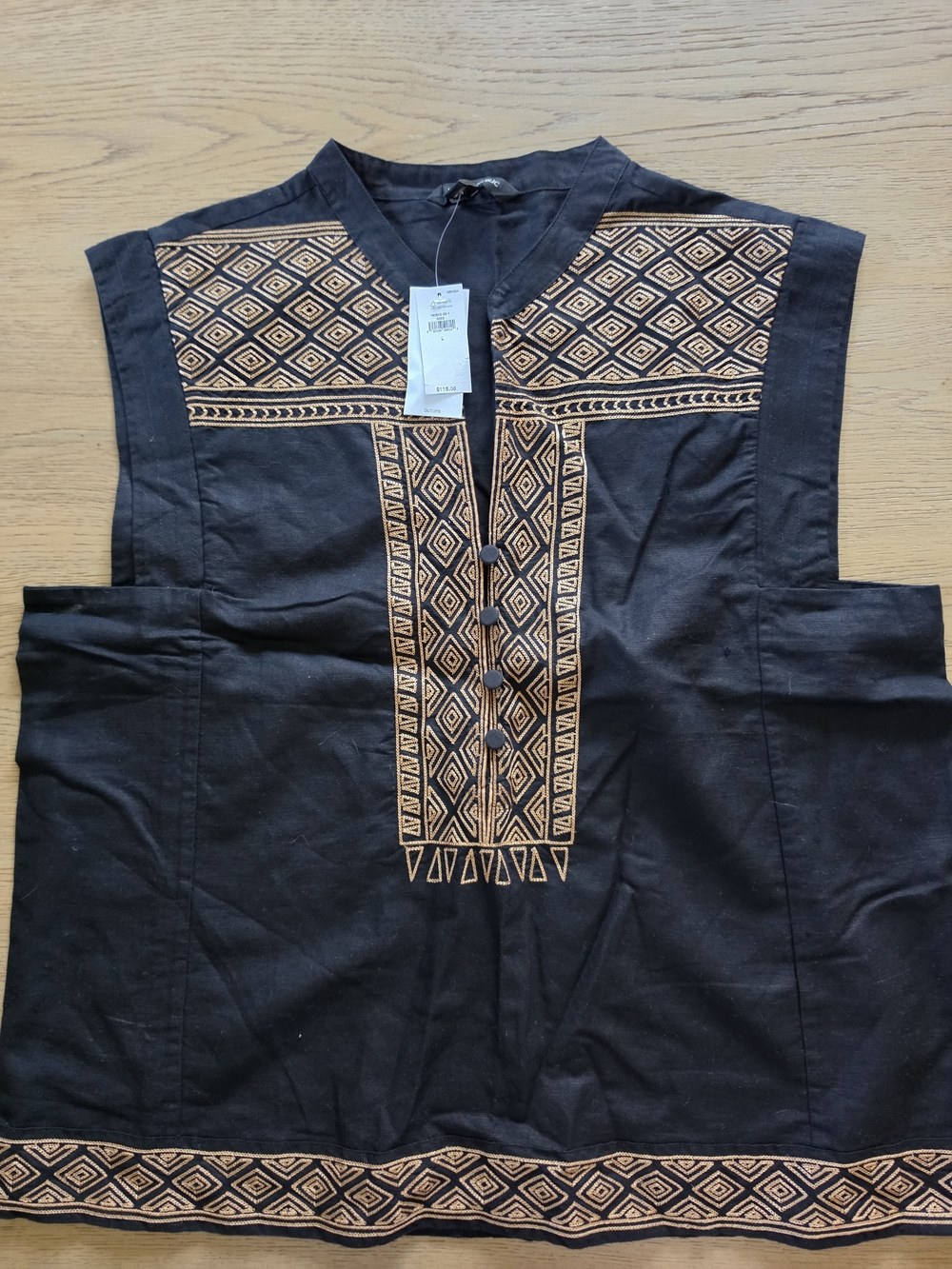 Embroidered Black Sleeveless Tunic with Tan Geometric Trim - Banana Republic